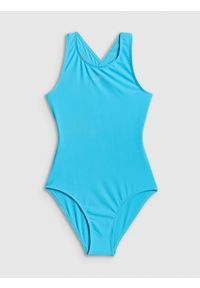 4f - 4F Kostium kąpielowy jednoczęściowy dziewczęcy - niebieski 134/140 (8-10 lat). Kolor: niebieski. Materiał: skóra, materiał. Rodzaj stanika: push-up #1