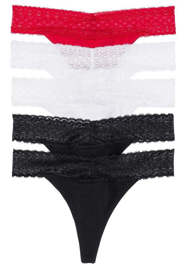 bonprix - Stringi z koronką (5 par). Kolor: czarny. Materiał: koronka. Wzór: koronka