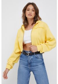 Calvin Klein Jeans bluza bawełniana damska kolor żółty z kapturem gładka. Typ kołnierza: kaptur. Kolor: żółty. Materiał: bawełna. Wzór: gładki