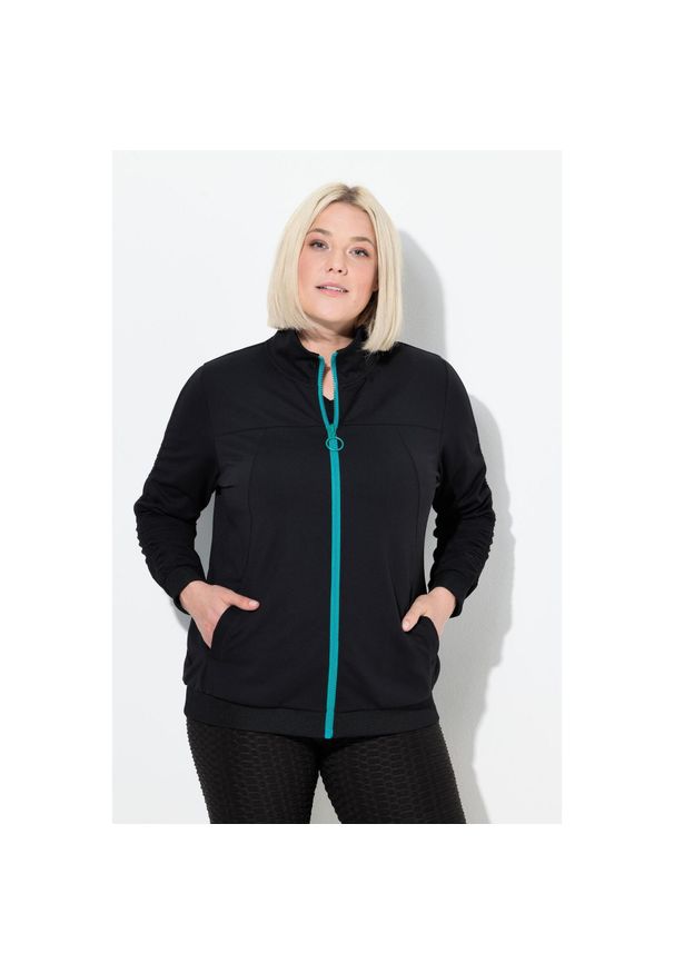 ULLA POPKEN - Damskie Bluza dresowa rękawy marszczone kaptur 2-kierunkowy zamek błyskawiczny. Kolekcja: plus size. Kolor: czarny. Materiał: materiał, elastan, poliamid