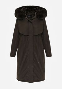 Born2be - Zielona Kurtka za Kolano ze Ściągaczem i Kapturem z Futerkiem Adoresa. Okazja: na co dzień. Kolor: zielony. Materiał: futro. Styl: casual #4