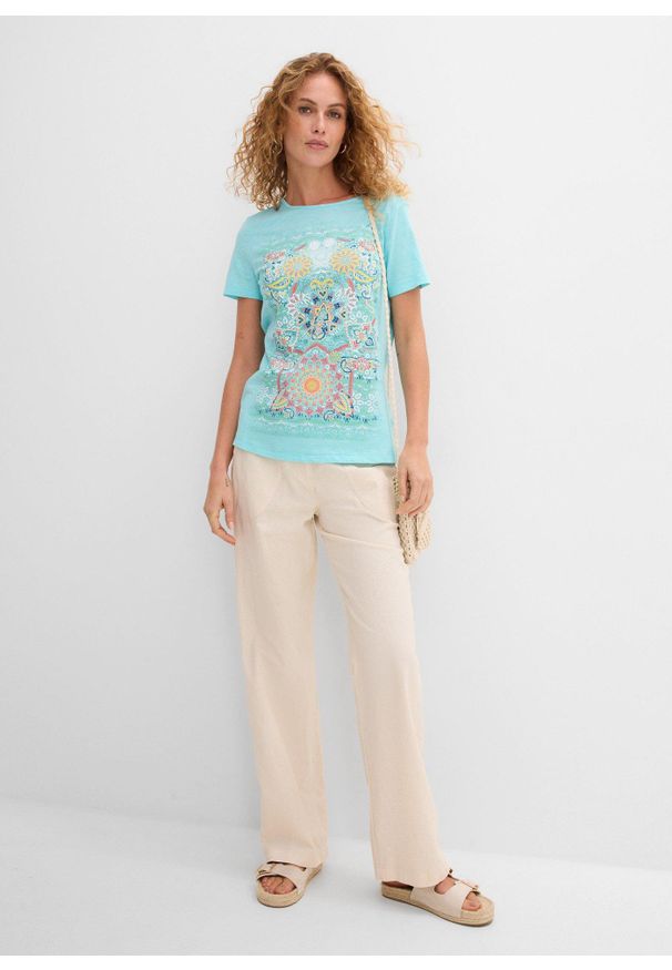 bonprix - T-shirt z czystej bawełny. Kolor: niebieski. Materiał: bawełna. Wzór: nadruk