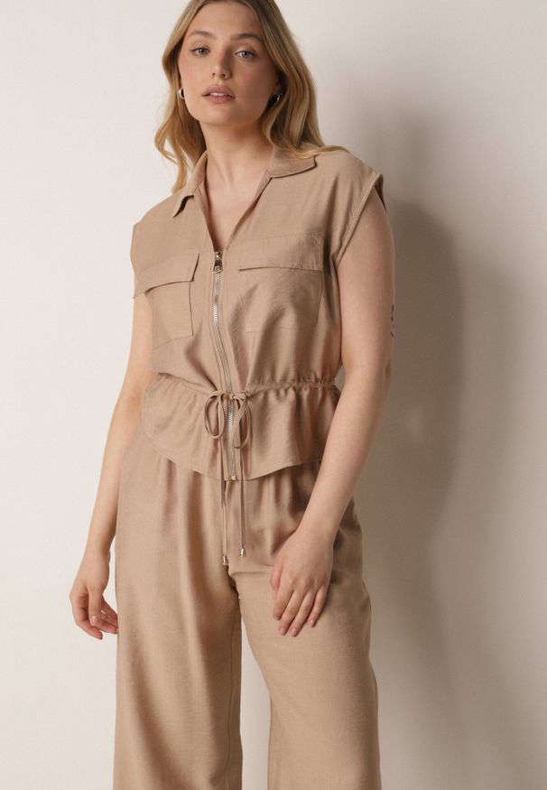 Born2be - Beżowy Wiskozowy Komplet w Stylu Safari Spodnie i Bluzka na Suwak z Wiązaniem Iphisei. Kolor: beżowy. Materiał: wiskoza