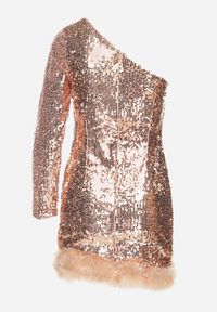 Born2be - Złota Asymetryczna Sukienka o Dopasowanym Kroju z Cekinami i Piórami Senathira. Okazja: na imprezę. Kolor: złoty. Typ sukienki: asymetryczne. Styl: klasyczny, elegancki #3