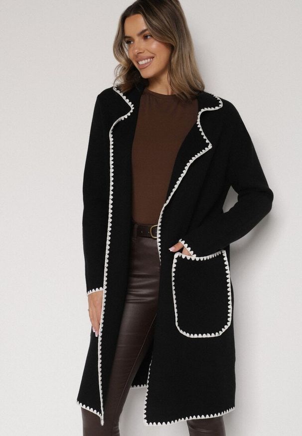 Born2be - Czarny Kardigan Ozdobiony Lamówką Tusbena. Okazja: na co dzień. Kolor: czarny. Materiał: jeans. Wzór: aplikacja. Styl: casual, elegancki