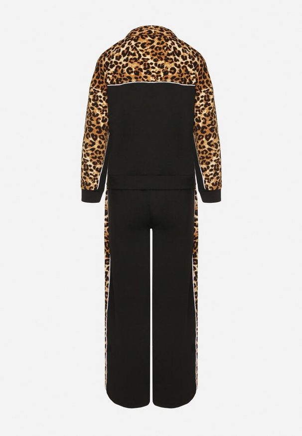 Born2be - Czarny Komplet Dresowy Bluza ze Stójką i Szerokie Spodnie w Panterkę Savorre. Kolor: czarny. Materiał: dresówka. Wzór: motyw zwierzęcy