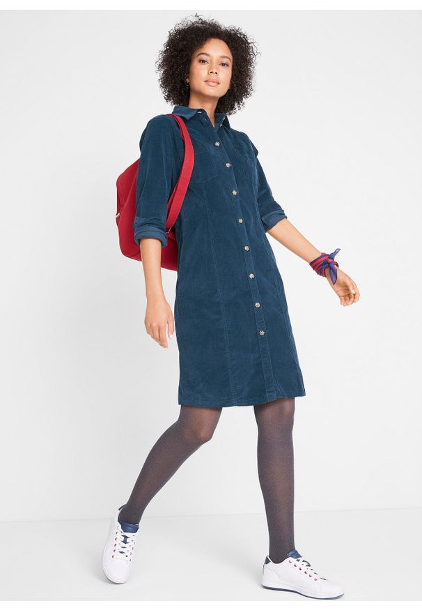 bonprix - Sukienka sztruksowa ze stretchem. Kolor: niebieski. Materiał: sztruks
