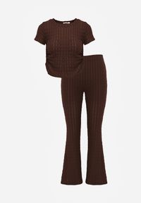 Renee - Brązowy Tłoczony Komplet Spodnie Flare i Top z Marszczeniem w Talii Pimisia. Kolor: brązowy. Materiał: materiał #2