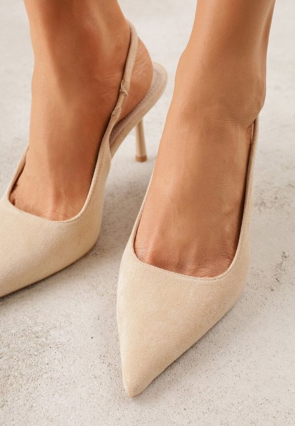 Renee - Beżowe Sandały Slingback na Szpilce z Imitacji Zamszu Carilona. Zapięcie: bez zapięcia. Kolor: beżowy. Materiał: zamsz. Sezon: lato. Obcas: na szpilce. Wysokość obcasa: średni