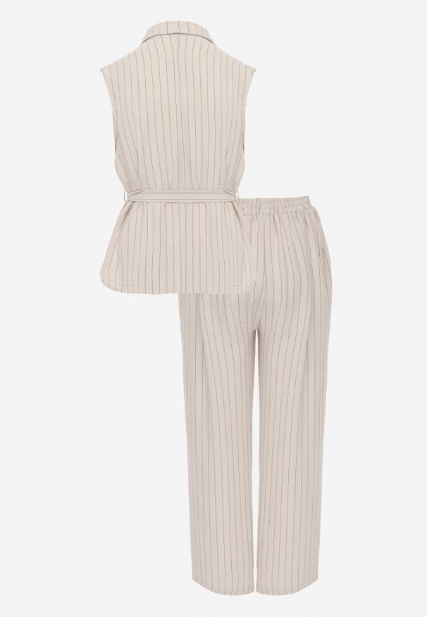 Renee - Beżowy Komplet z Wiskozy Spodnie Wide Leg i Koszula Bez Rękawów z Paskiem Adduin. Kolor: beżowy. Materiał: wiskoza