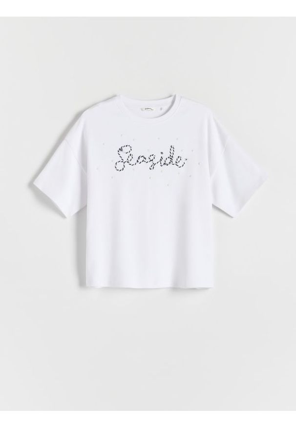 Reserved - T-shirt z aplikacją - biały. Kolor: biały. Materiał: bawełna. Wzór: aplikacja