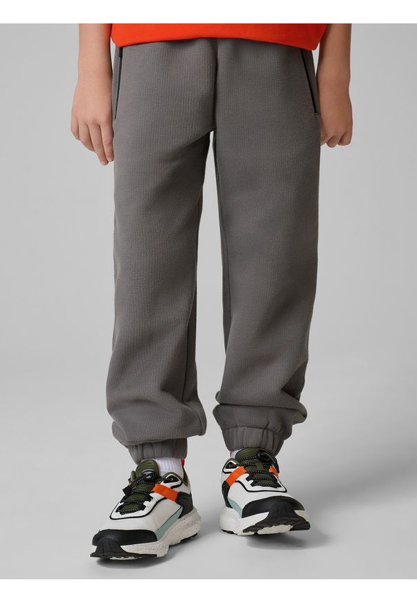 4f - 4F Spodnie dresowe ze strukturalnej dzianiny chłopięce - szare 158 (12-13 lat). Okazja: na co dzień. Kolor: szary. Materiał: dzianina, dresówka. Sezon: lato. Styl: casual, sportowy