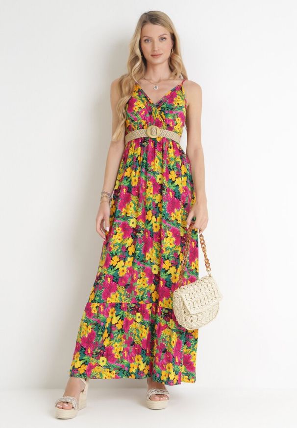 Born2be - Żółto-Fuksjowa Sukienka z Wiskozy w Kwiaty i Kopertowym Dekoltem Gelia. Kolor: żółty. Materiał: wiskoza. Długość rękawa: na ramiączkach. Wzór: kwiaty. Typ sukienki: kopertowe