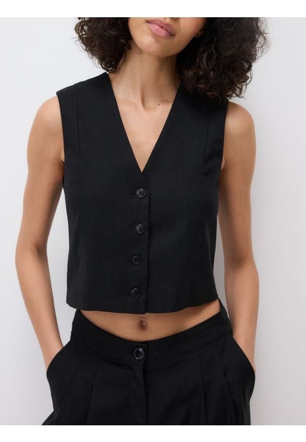 Reserved - Garniturowa kamizelka - czarny. Kolor: czarny. Materiał: len, wiskoza, tkanina. Wzór: gładki