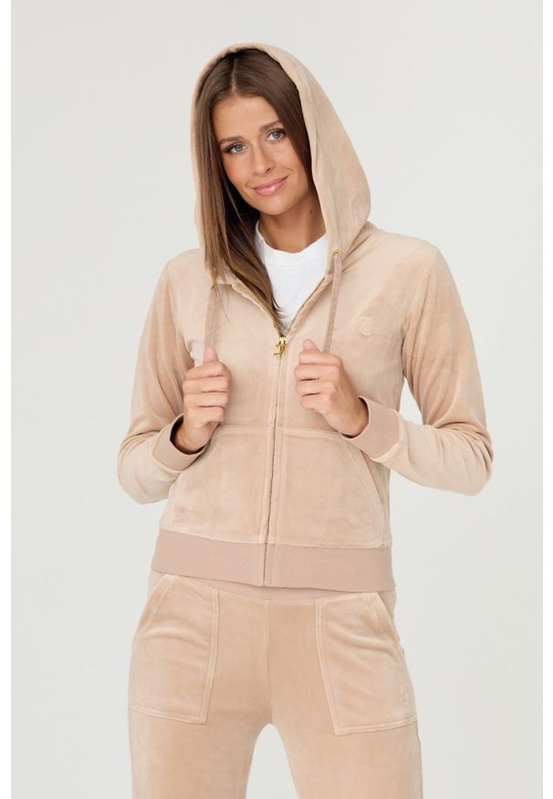 Juicy Couture - JUICY COUTURE Beżowa bluza Robertson. Typ kołnierza: kaptur. Kolor: beżowy. Materiał: welur
