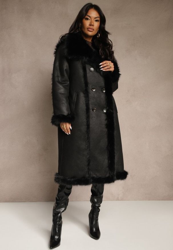 Renee - Czarny Dwurzędowy Płaszcz Futerko o Dwustronnym Kroju z Kołnierzem Nalaneva. Okazja: na imprezę, na co dzień. Kolor: czarny. Materiał: futro. Styl: klasyczny, casual, elegancki
