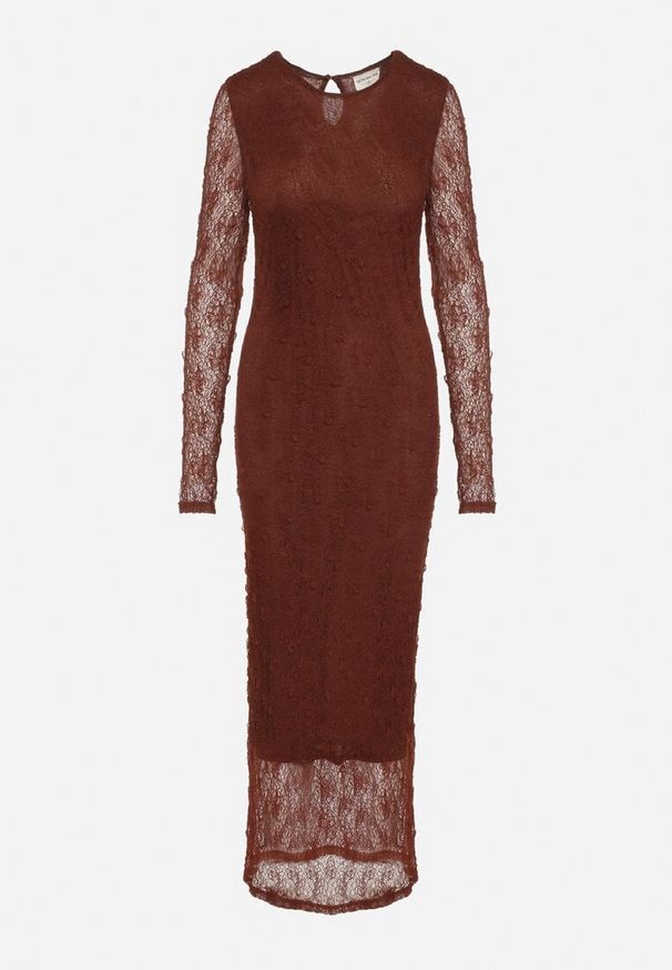 Born2be - Brązowa Dopasowana Sukienka Koronkowa z Długim Rękawem Zenika. Kolor: brązowy. Materiał: koronka. Długość rękawa: długi rękaw. Wzór: koronka. Sezon: zima, wiosna, jesień. Styl: elegancki