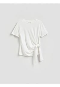 Reserved - T-shirt z ozdobnym wiązaniem - złamana biel. Materiał: dzianina #1