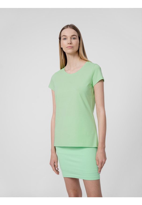 4f - T-shirt regular gładki damski. Kolor: zielony. Materiał: bawełna. Wzór: gładki
