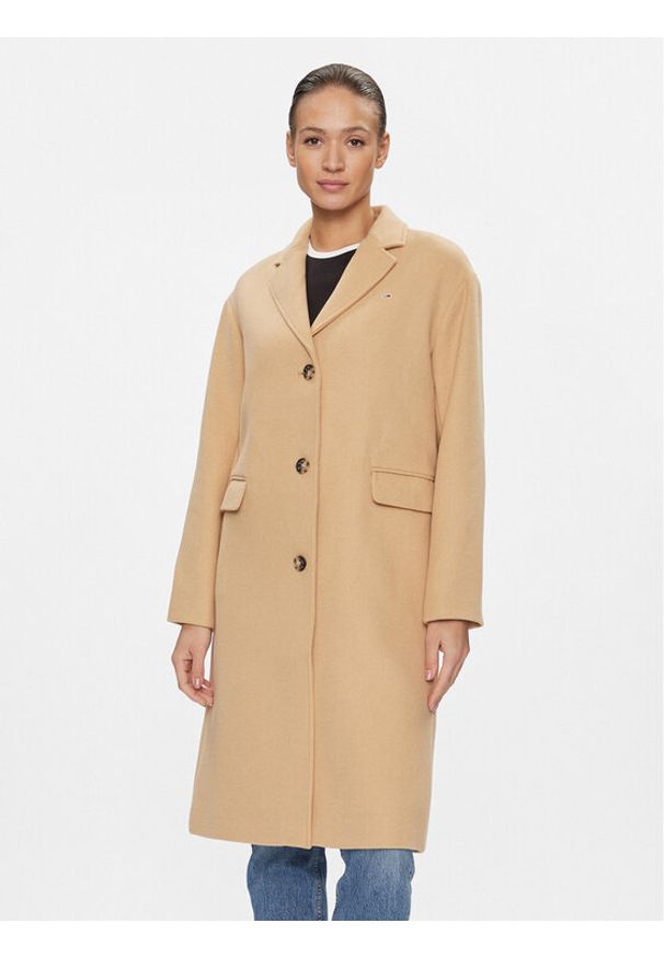 Tommy Jeans Płaszcz wełniany DW0DW17232 Beżowy Relaxed Fit. Kolor: beżowy. Materiał: wełna, syntetyk