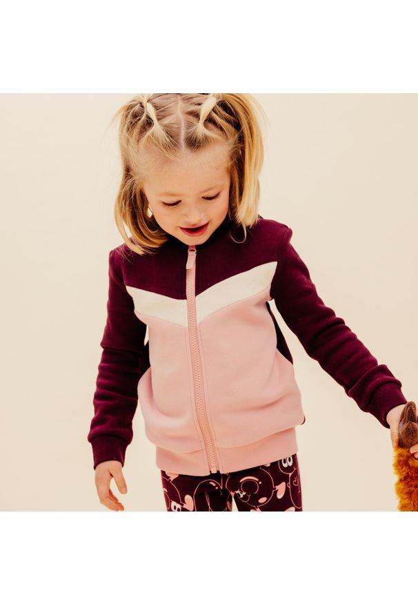 DOMYOS - Bluza dziecięca Domyos Basic rozpinana. Kolor: różowy, wielokolorowy, beżowy, brązowy. Materiał: bawełna, tkanina, poliester, prążkowany, elastan, materiał