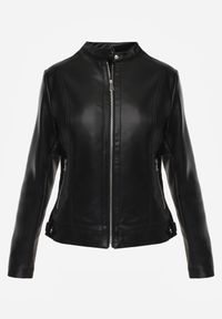 Born2be - Czarna Klasyczna Kurtka Ramoneska o Taliowantym Kroju Anlea. Okazja: na co dzień. Typ kołnierza: kołnierz z falbankami. Kolor: czarny. Materiał: dzianina, skóra, jeans, poliester. Styl: klasyczny #3