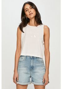 Calvin Klein Jeans T-shirt. Kolor: biały. Materiał: bawełna. Długość rękawa: na ramiączkach. Wzór: nadruk