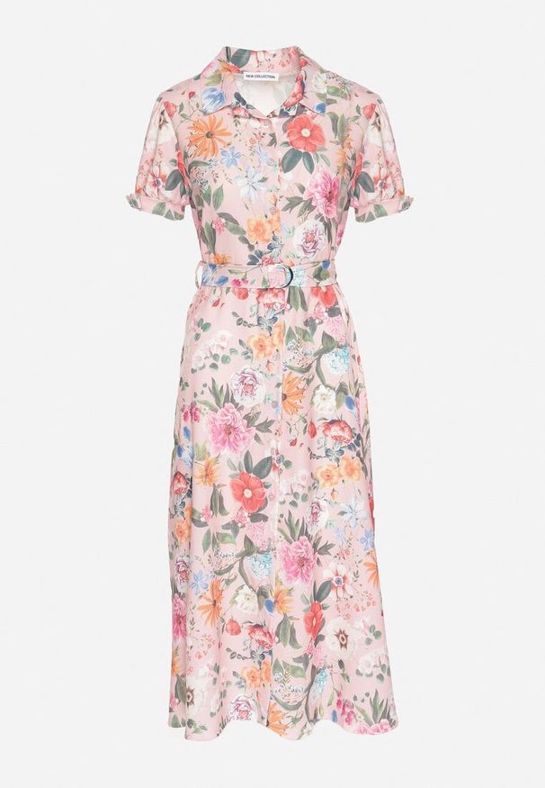 Born2be - Różowa Rozkloszowana Sukienka o Koszulowym Kroju z Paskiem w Kwiatowy Wzór Fevelorine. Okazja: na co dzień. Kolor: różowy. Wzór: kwiaty. Typ sukienki: koszulowe. Styl: casual