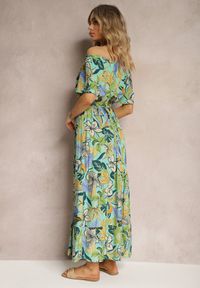 Renee - Zielono-Niebieska Wiskozowa Sukienka o Rozkloszowanym Kroju z Paskiem w Talii w Kwiatowy Print Rosubia. Okazja: na co dzień. Typ kołnierza: dekolt w łódkę. Kolor: zielony. Materiał: wiskoza. Wzór: kwiaty, nadruk. Typ sukienki: proste. Styl: casual, wizytowy. Długość: mini #5