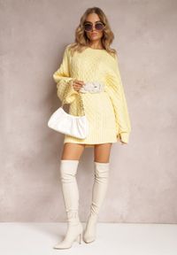Renee - Żółty Długi Sweter Ozdobiony Drobnym Splotem Killoe. Kolor: żółty. Materiał: jeans. Długość: długie. Wzór: aplikacja, ze splotem #3