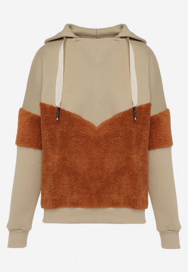 Born2be - Beżowa Dwukolorowa Bluza z Bawełny z Polarowymi Wstawkami i Kapturem Dikea. Kolor: beżowy. Materiał: polar, bawełna. Sezon: zima. Styl: elegancki
