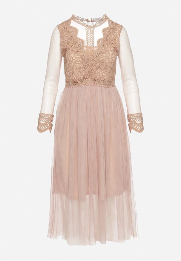 Born2be - Beżowa Sukienka Phaerusa. Kolor: beżowy. Materiał: tiul, koronka. Wzór: aplikacja, koronka. Styl: klasyczny, elegancki. Długość: midi