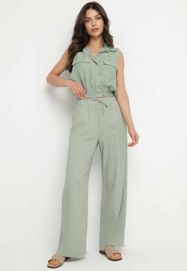 Born2be - Zielone Szerokie Spodnie z Lnem z Gumką w Talii i Kieszeniami Filisela. Okazja: do pracy, na co dzień. Kolor: zielony. Materiał: len. Styl: elegancki, casual
