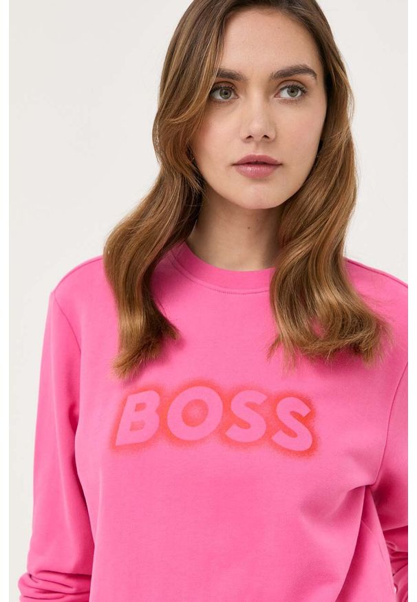BOSS bluza bawełniana damska kolor różowy z nadrukiem. Kolor: różowy. Materiał: bawełna. Wzór: nadruk