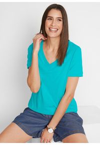 bonprix - T-shirt z czystej bawełny. Typ kołnierza: dekolt w serek. Kolor: niebieski. Materiał: bawełna. Długość rękawa: krótki rękaw. Długość: krótkie #1