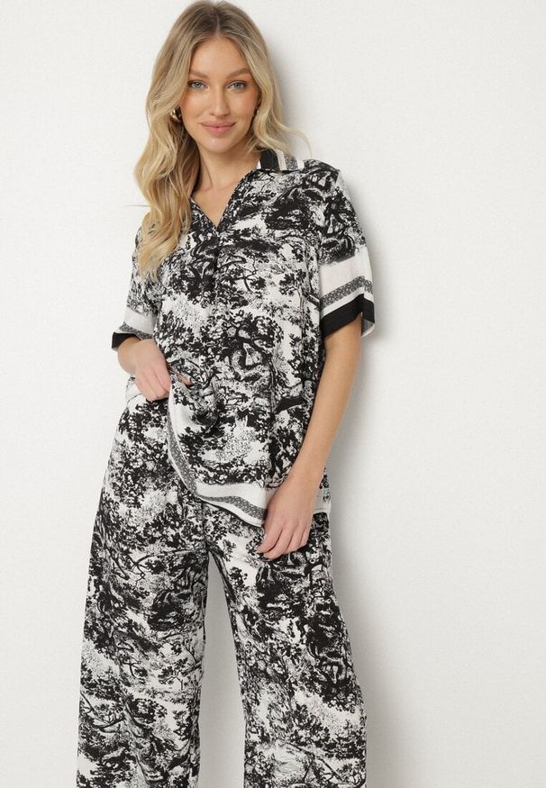 Born2be - Czarny Wiskozowy Komplet w Roślinny Wzór Koszula i Spodnie Ridissa. Kolor: czarny. Materiał: wiskoza. Wzór: aplikacja