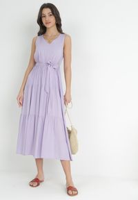Born2be - Fioletowa Wiskozowa Sukienka Midi z Gumką w Pasie i Materiałowym Paskiem Bicuh. Kolor: fioletowy. Materiał: materiał, wiskoza. Długość: midi #3