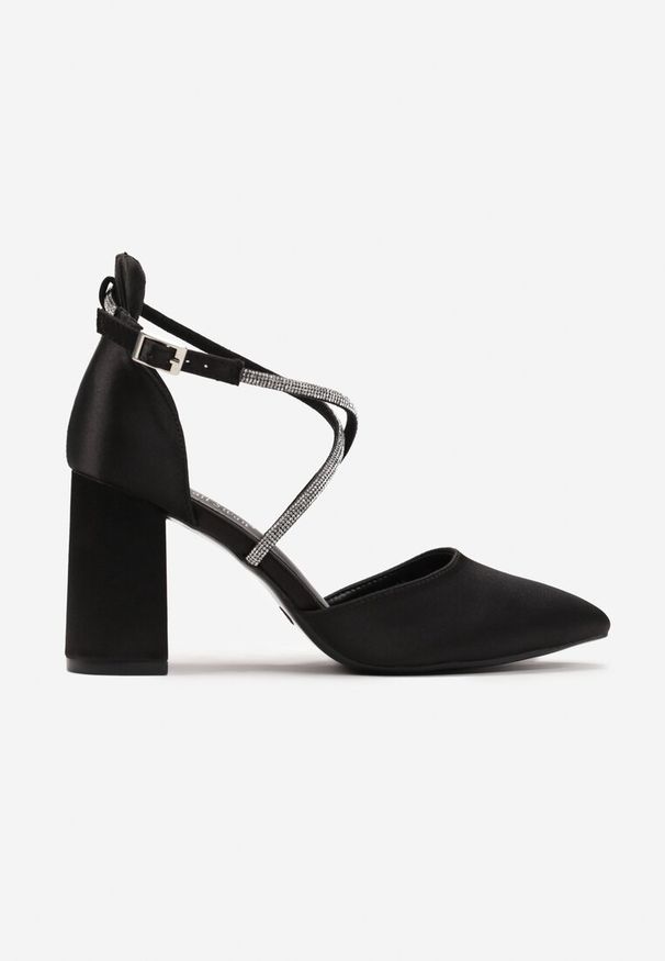 Renee - Czarne Satynowe Czółenka na Słupku z Paskiem w Cyrkonie Rhodana. Zapięcie: pasek. Kolor: czarny. Materiał: satyna. Obcas: na słupku. Styl: glamour, elegancki
