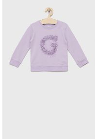 Guess bluza bawełniana dziecięca kolor fioletowy z aplikacją. Okazja: na co dzień. Kolor: fioletowy. Materiał: bawełna. Wzór: aplikacja. Styl: casual #1