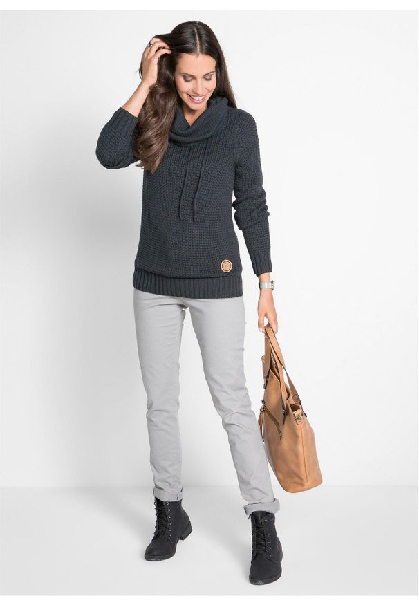 bonprix - Sweter z golfem z troczkami. Typ kołnierza: golf. Kolor: czarny. Materiał: skóra. Wzór: aplikacja