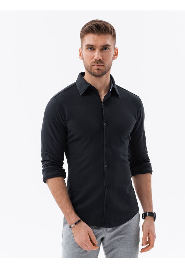 Ombre Clothing - Koszula dzianinowa męska SLIM FIT z długim rękawem – czarna V4 OM-SHCS-0177 - L. Kolor: czarny. Materiał: dzianina. Długość rękawa: długi rękaw. Długość: długie
