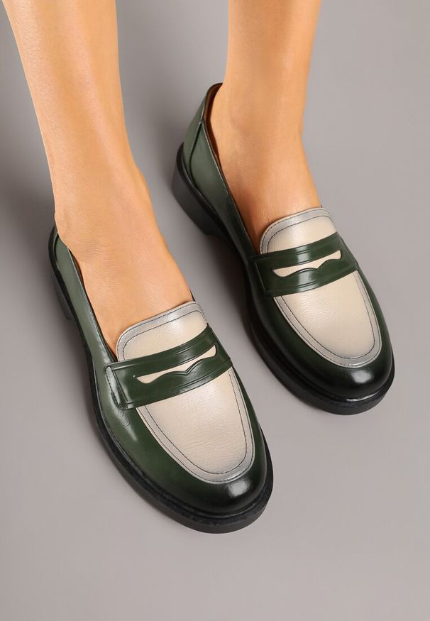 Renee - Zielone Mokasyny Lakierowane Loafersy ze Skórzaną Wkładką Reilira. Okazja: na spotkanie biznesowe, do pracy, na co dzień. Kolor: zielony. Materiał: skóra, lakier. Wzór: aplikacja. Obcas: na obcasie. Styl: biznesowy, klasyczny, casual. Wysokość obcasa: niski