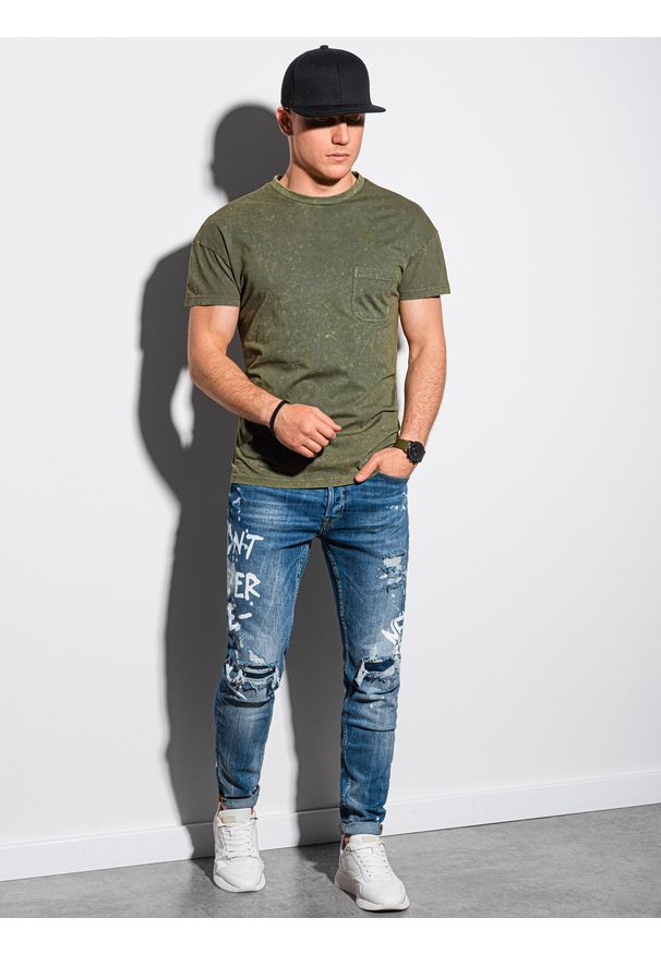 Ombre Clothing - T-shirt męski bawełniany S1375 - khaki - XXL. Kolor: brązowy. Materiał: bawełna. Wzór: aplikacja. Sezon: wiosna, lato