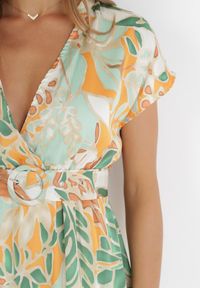 Born2be - Zielono-Pomarańczowa Sukienka Midi z Gumką w Talii i Materiałowym Paskiem Axani. Kolor: zielony. Materiał: materiał. Długość rękawa: krótki rękaw. Długość: midi #7