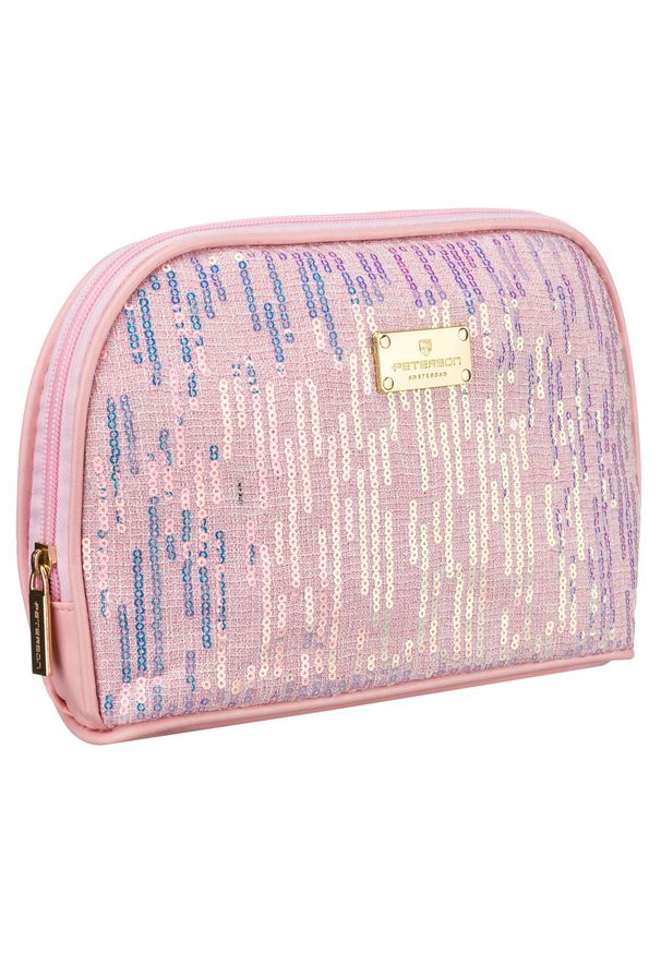 Różowa kosmetyczka z materiału syntetycznego, jednokomorowa - Peterson. Kolor: różowy. Materiał: syntetyk, materiał. Wzór: aplikacja