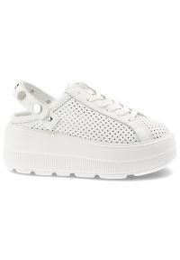 Klapki damskie S.Barski, ze skóry naturalnej licowej ażurowa cholewka platforma sznurowane styl casual, białe, LR61-7088. Okazja: na co dzień. Kolor: biały. Materiał: skóra. Wzór: ażurowy. Obcas: na platformie. Styl: casual #3