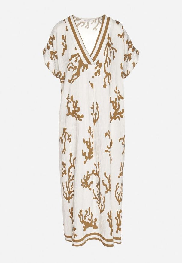 Born2be - Brązowo-Beżowa Sukienka z Lnem i Wiskozą o Pudełkowym Kroju Sadirene. Okazja: na co dzień, na spotkanie biznesowe. Kolor: brązowy. Materiał: wiskoza, len. Wzór: kwiaty. Sezon: wiosna, lato. Styl: biznesowy, casual, elegancki