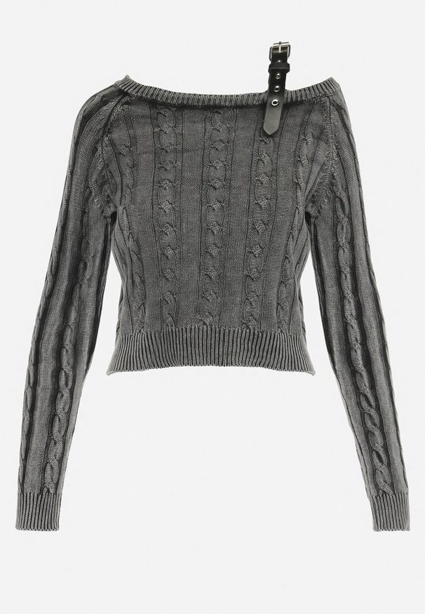 Born2be - Czarny Sweter z Ozdobnym Paskiem Przy Ramieniu i Splotem Alvoria. Okazja: na co dzień. Kolor: czarny. Materiał: jeans. Długość rękawa: długi rękaw. Długość: długie. Wzór: ze splotem. Styl: klasyczny, casual, elegancki