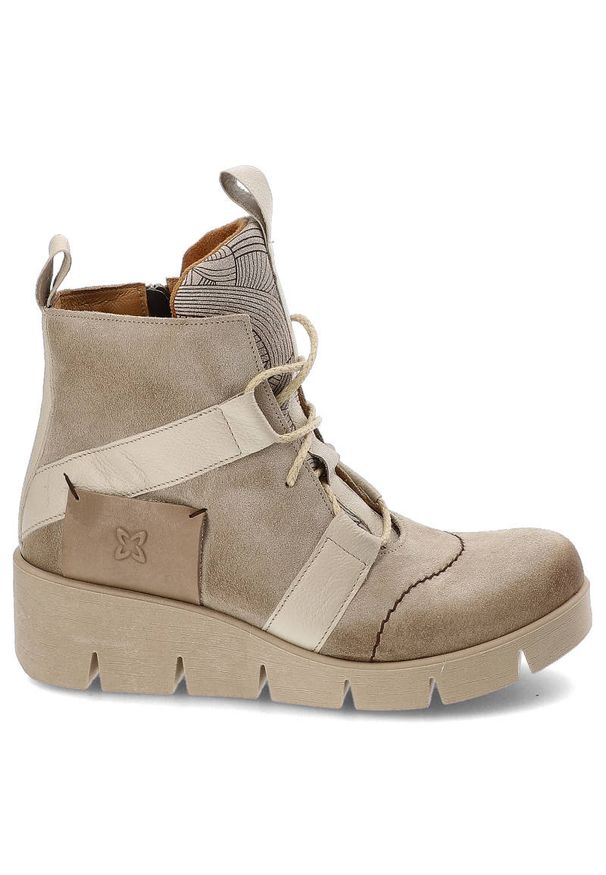 Beżowe Botki Damskie Maciejka Modne Skórzane Buty. Kolor: beżowy. Materiał: skóra. Szerokość cholewki: normalna. Wzór: aplikacja