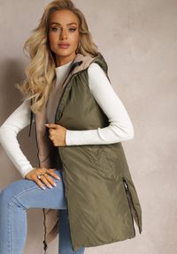Renee - Beżowa Dwustronna Kamizelka Pikowana Miames. Okazja: na co dzień. Kolor: beżowy. Materiał: jeans. Wzór: gładki. Styl: casual, sportowy